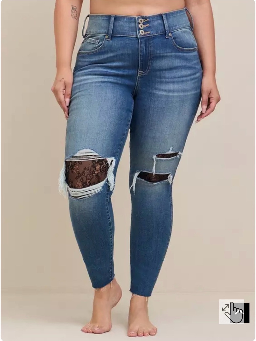 Torrid Plus Size 20R Distressed Skinny Jeans Black Lace Insets Raw Hem